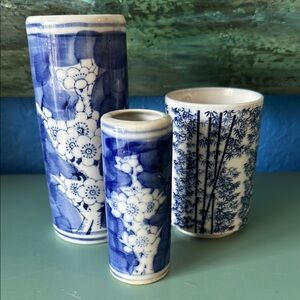 Vintage Japanese Blue and White Floral and Bamboo Ceramic Pots